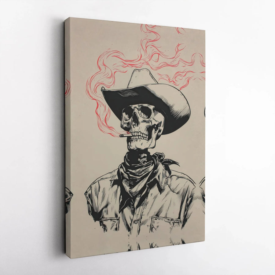 Smoking Cowboy Skull Canvas Wall Art | Western Gothic Sketch Print | Premium 1.25-Inch Gallery Wrap | Edgy Home Decor For Bar & Man Cave