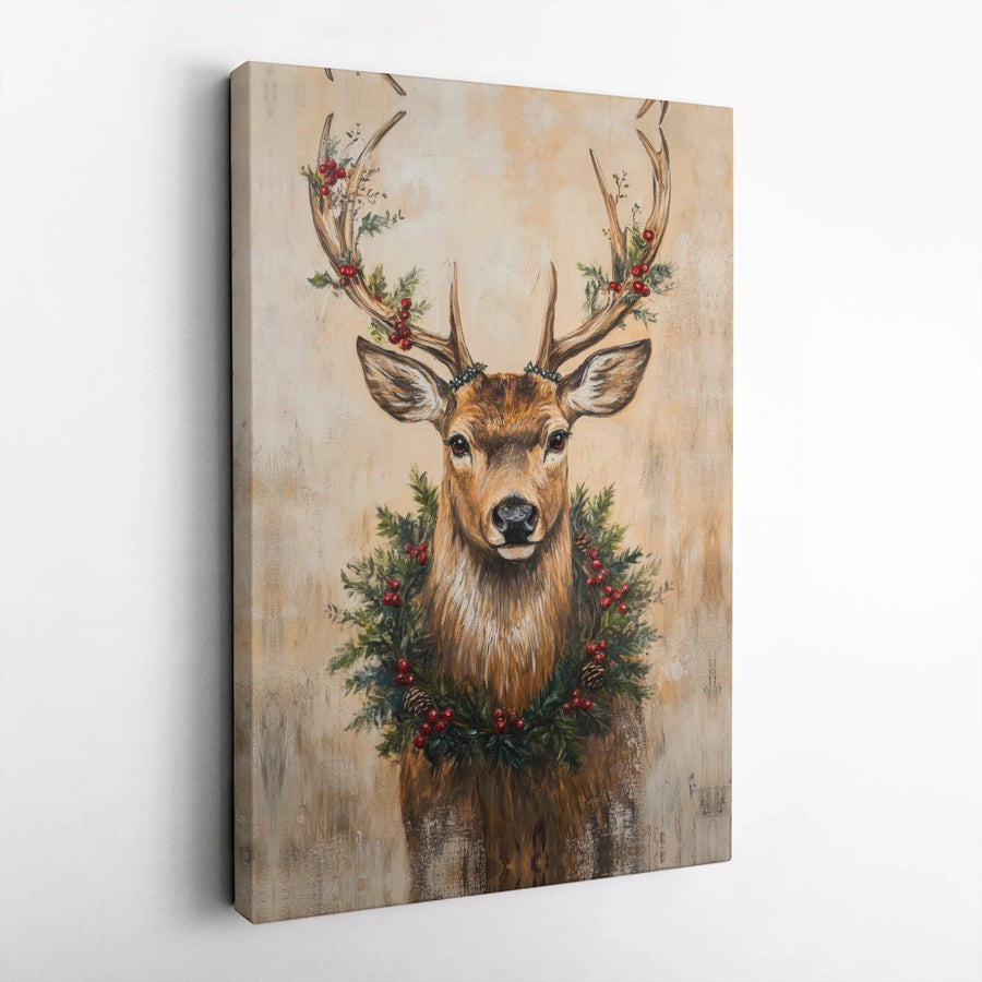 Christmas Reindeer Canvas Wall Art | Festive Deer With Holiday Wreath | Premium Fade-Resistant Gallery Wrap | Farmhouse Winter Home Decor Gift