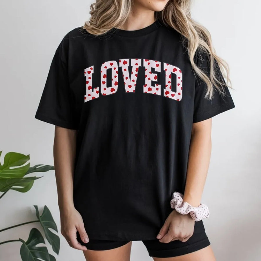 Loved Valentine T-Shirt | Heart Print Varsity Lettering | Soft Cotton Premium Quality | Romantic Gift For Women And Couples