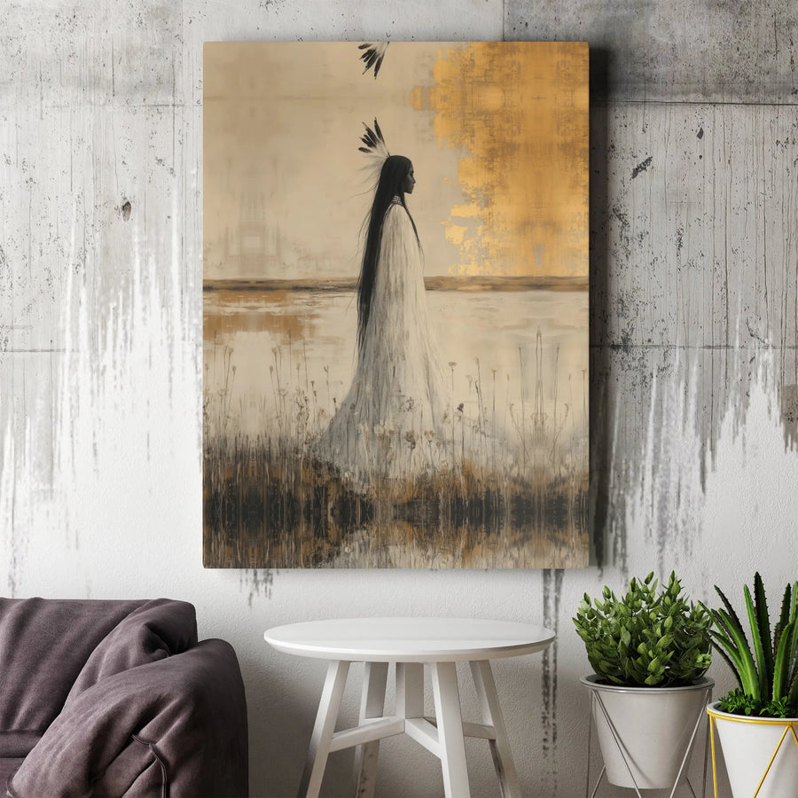 Native American Woman Wall Art | Abstract Gold Leaf Canvas Print | Premium Gallery Wrapped Portrait | Southwestern Home Decor Gift
