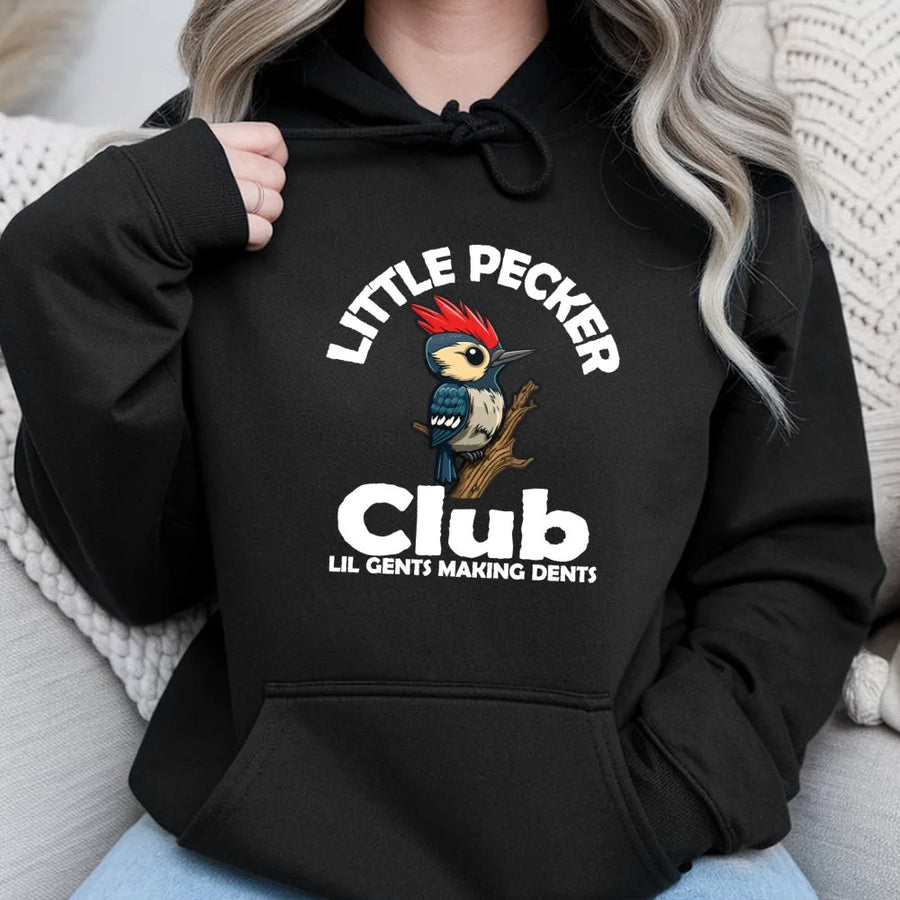Little Pecker Club Hoodie | Funny Woodpecker Nature Pun Graphic | Premium Cotton Blend | Gift for Bird Watchers and Wildlife Lovers