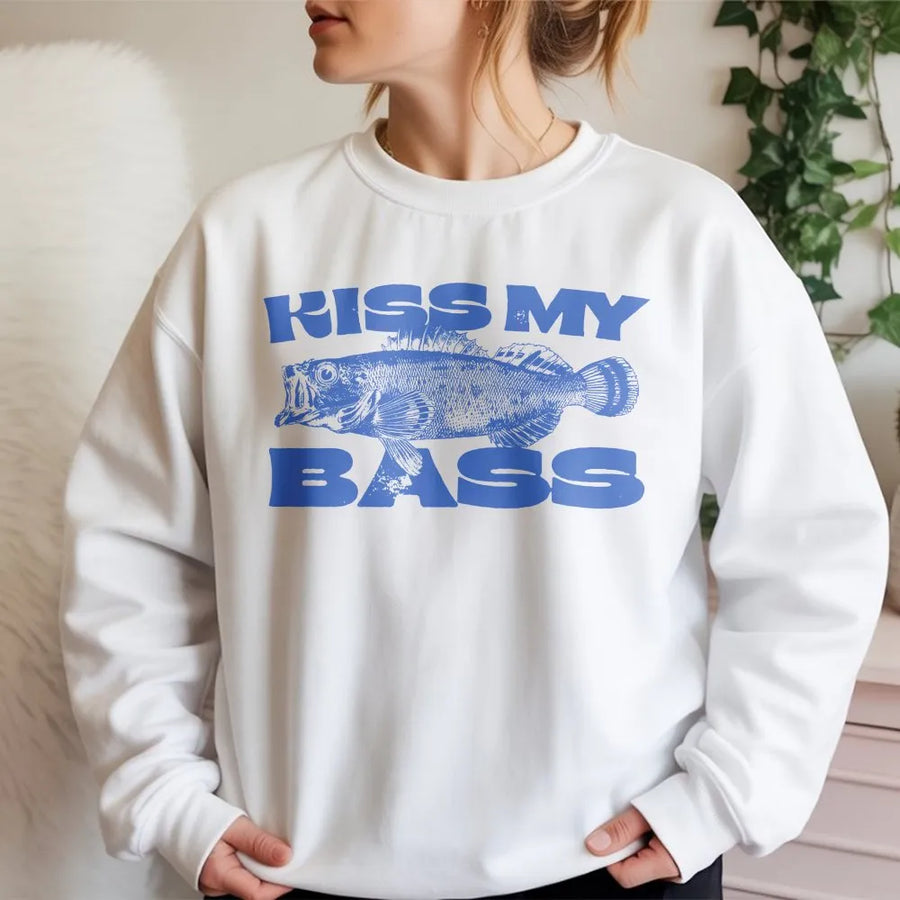 Kiss My Bass Fishing Sweatshirt | Funny Retro Fish Graphic Tee | Premium Soft Cotton | Gift for Fisherman Angler Dad