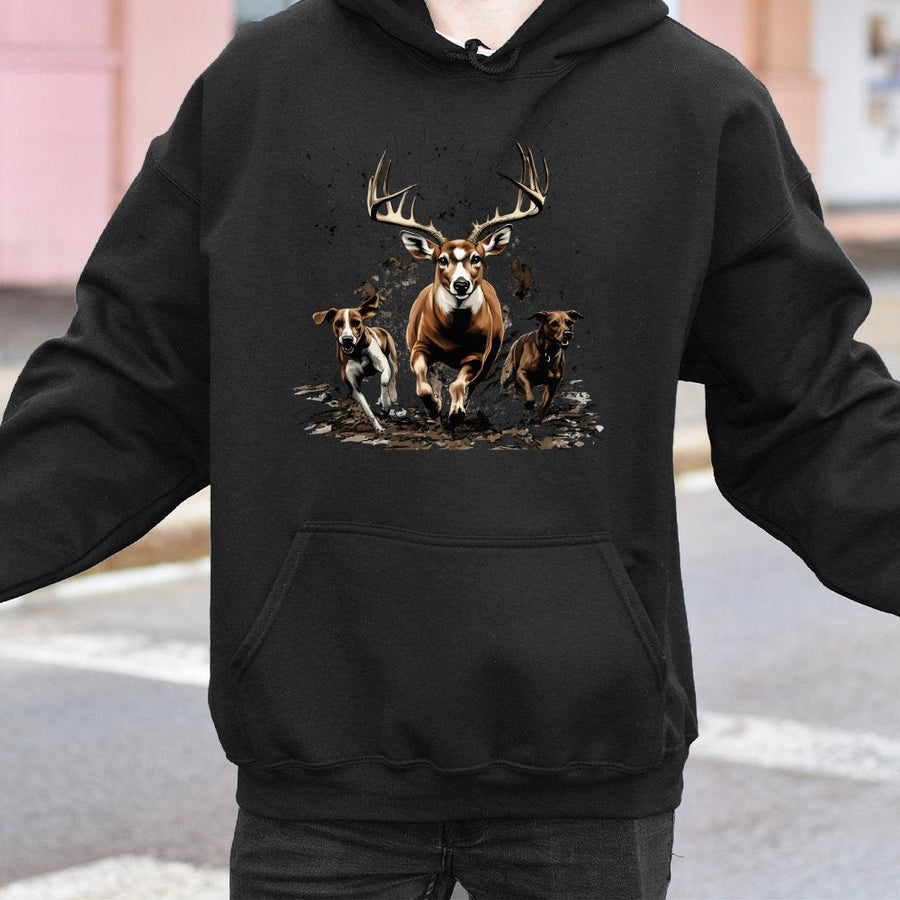 Hunting Hoodie | Deer Buck and Hound Dogs Graphic | Premium Cotton Blend | Outdoor Wildlife Gift for Hunters
