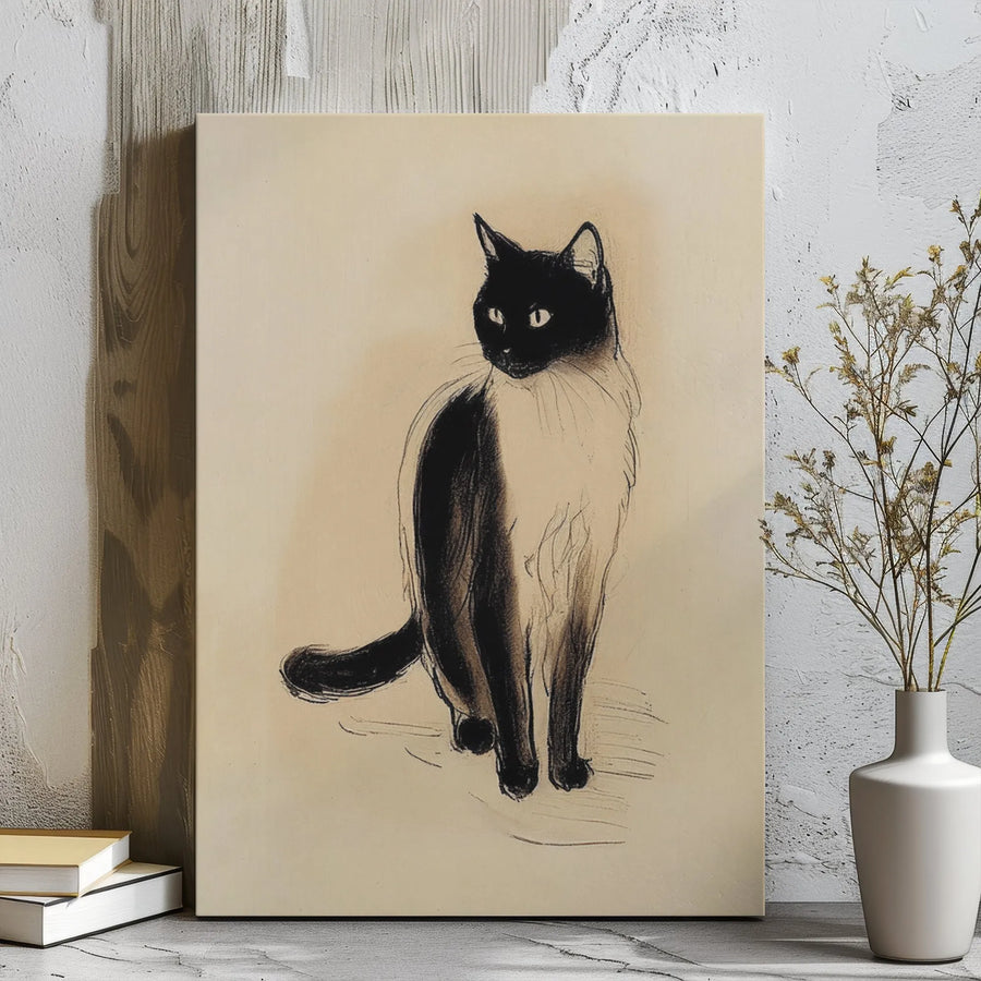 Seated Cat Canvas Wall Art | Vintage Charcoal Sketch Illustration | Gallery Wrap 1.25" Premium Decor | Minimalist Animal Lover Gift