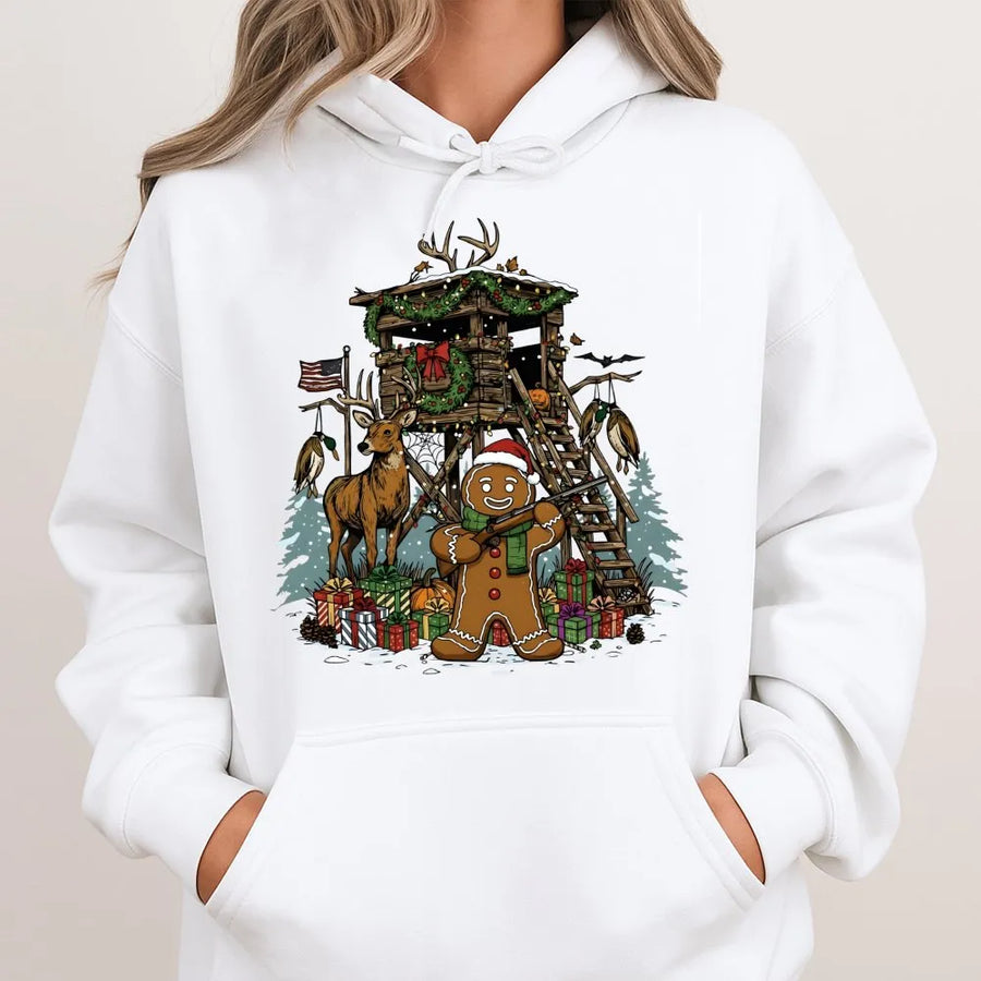 Gingerbread Man Hunting Hoodie | Funny Christmas Deer Hunting Scene | Soft Cotton Blend Unisex Pullover | Unique Gift For Hunter