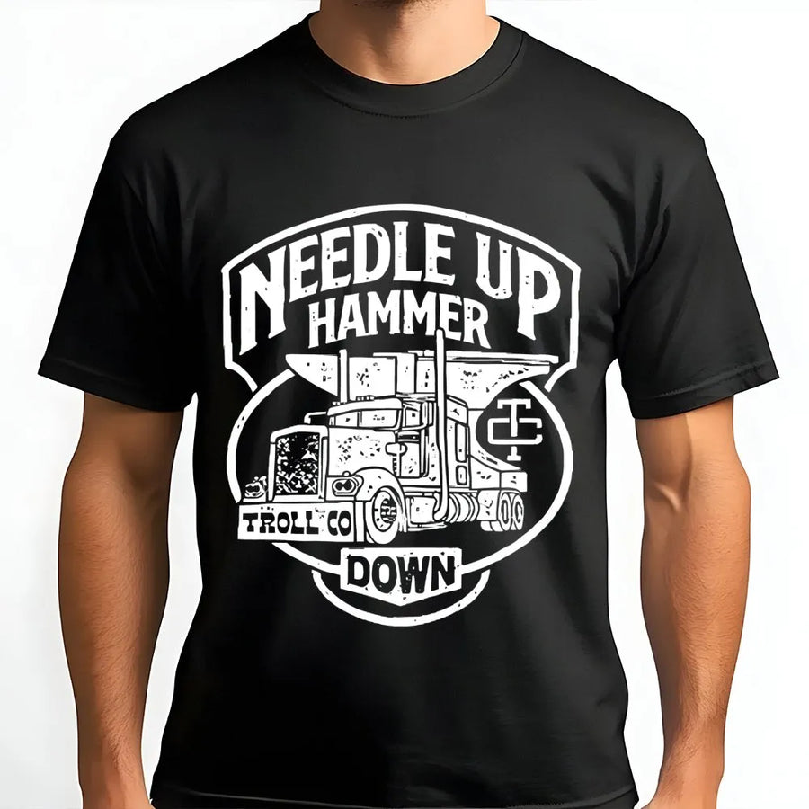 Trucker T-Shirt | Needle Up Hammer Down Semi Truck Design | Premium Soft Cotton Graphic Tee | Gift for Truck Drivers and Heavy Equipment Operators