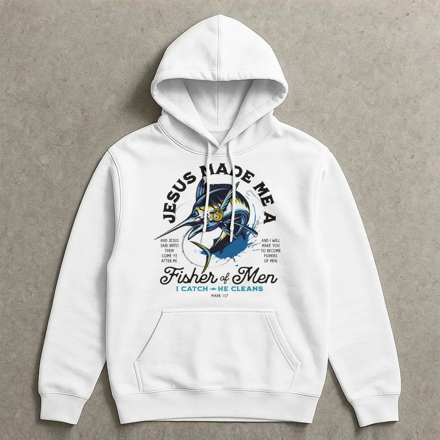 Fisher of Men Hoodie | Marlin Fish Bible Verse Graphic | Premium Cotton | Christian Fisherman Gift