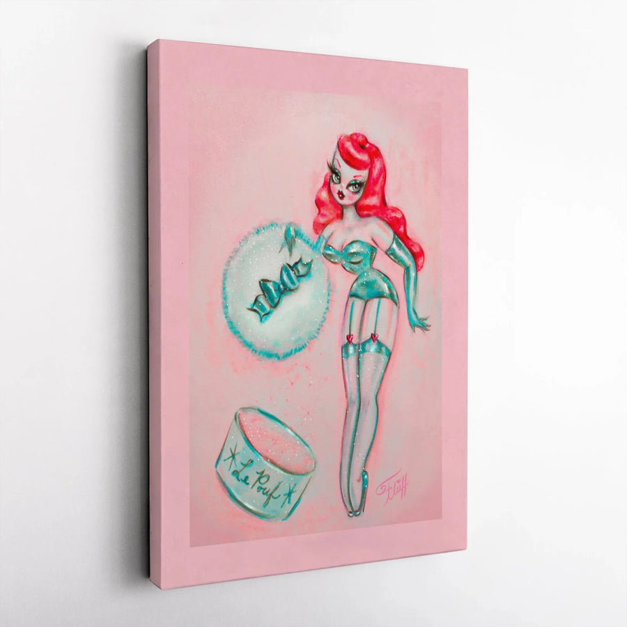 Pin-Up Girl Wall Art | Vintage Style Redhead With Powder Puff | Premium Gallery Canvas | Retro Bedroom Decor Gift