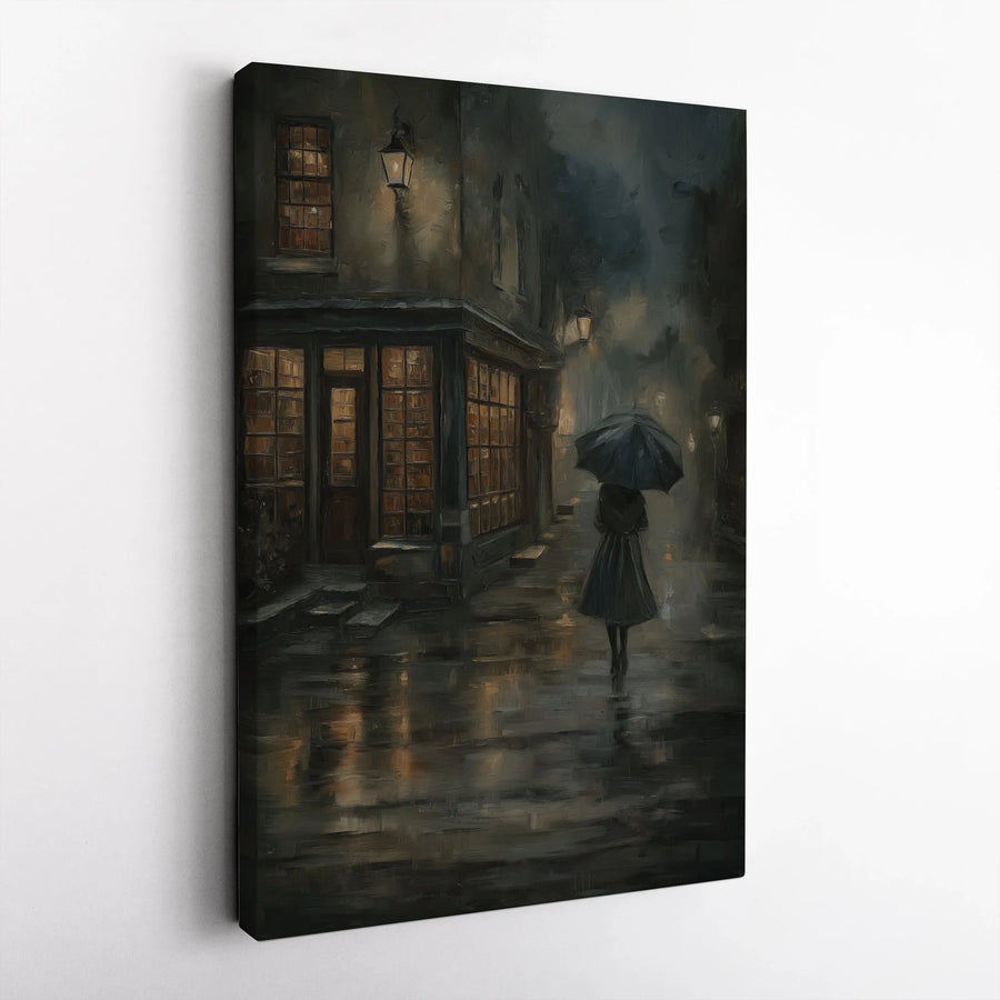 Rainy City Street Wall Art | Melancholic Moody Oil Painting Style | 1.25-inch Premium Canvas | Atmospheric Home Decor Gift for Art Lovers