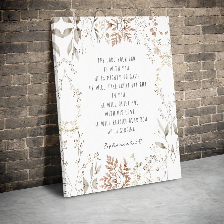 Zephaniah 3:17 Scripture Canvas Print | Watercolor Botanical Wall Art | Premium Gallery Wrap Decor | Christian Home Decor Gift