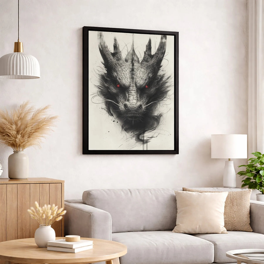 Dragon Wall Art | Gothic Sketch Portrait with Red Eyes | Premium Gallery-Wrapped Canvas | Dark Fantasy Home Decor Gift