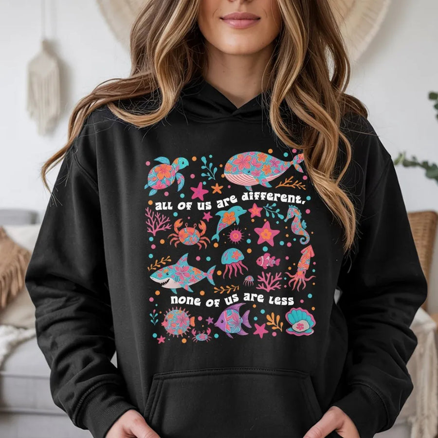 Neurodiversity Hoodie | All Of Us Are Different Sea Life Graphic | Premium Cotton Blend | Gift For Special Education Teacher & Autism Awareness