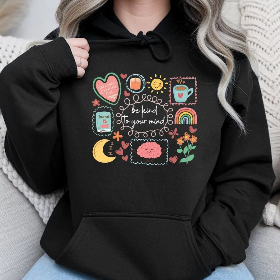 Mental Health Awareness Hoodie | Be Kind To Your Mind Vintage Graphic | Cozy Pullover Sweatshirt | Inspirational Self Care Gift