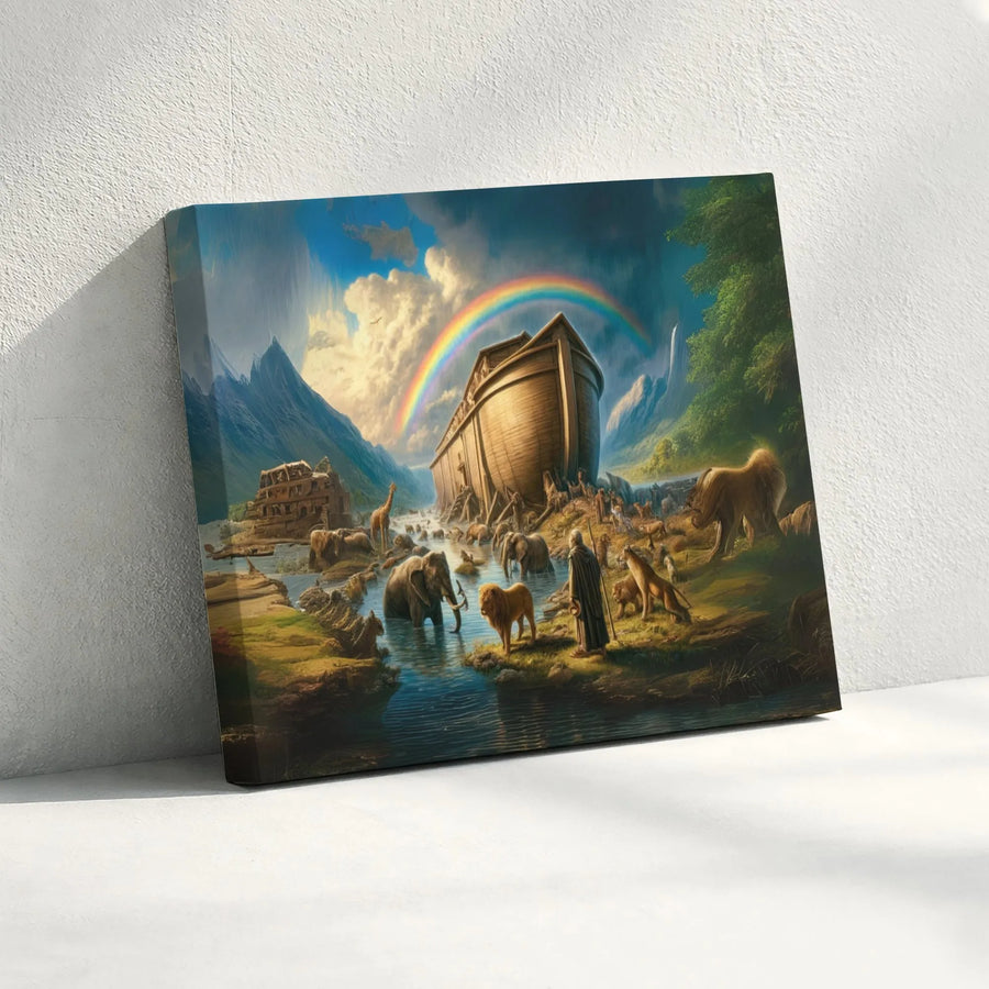 Noah's Ark Canvas Wall Art | Biblical Scene With Animals And Rainbow | Premium Gallery Wrap Print | Religious Home Decor Gift