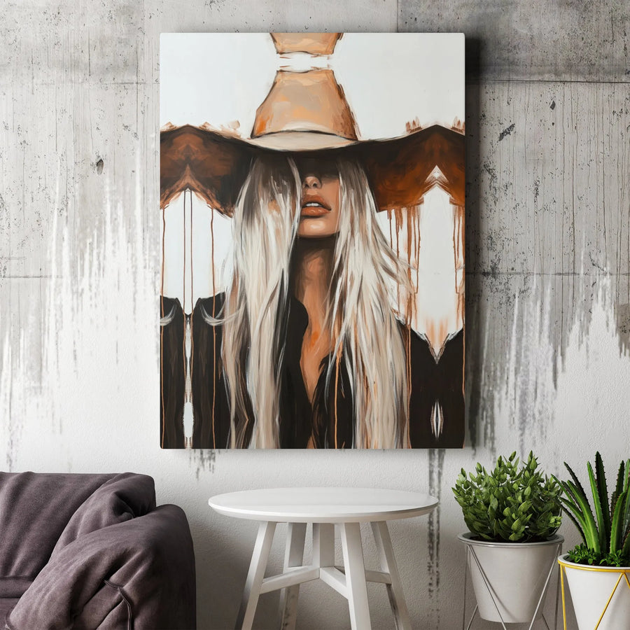 Modern Western Canvas Print | Abstract Woman in Hat Portrait | Premium Gallery Wrapped Canvas | Boho Chic Living Room Wall Art Gift