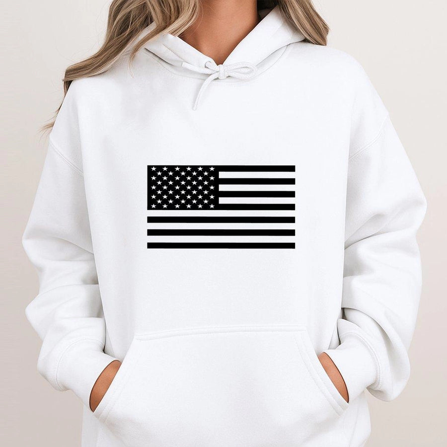 American Flag Hoodie | Minimalist Black & White US Flag Graphic | Premium Cotton-Poly Blend | Patriotic Gift for Men and Women