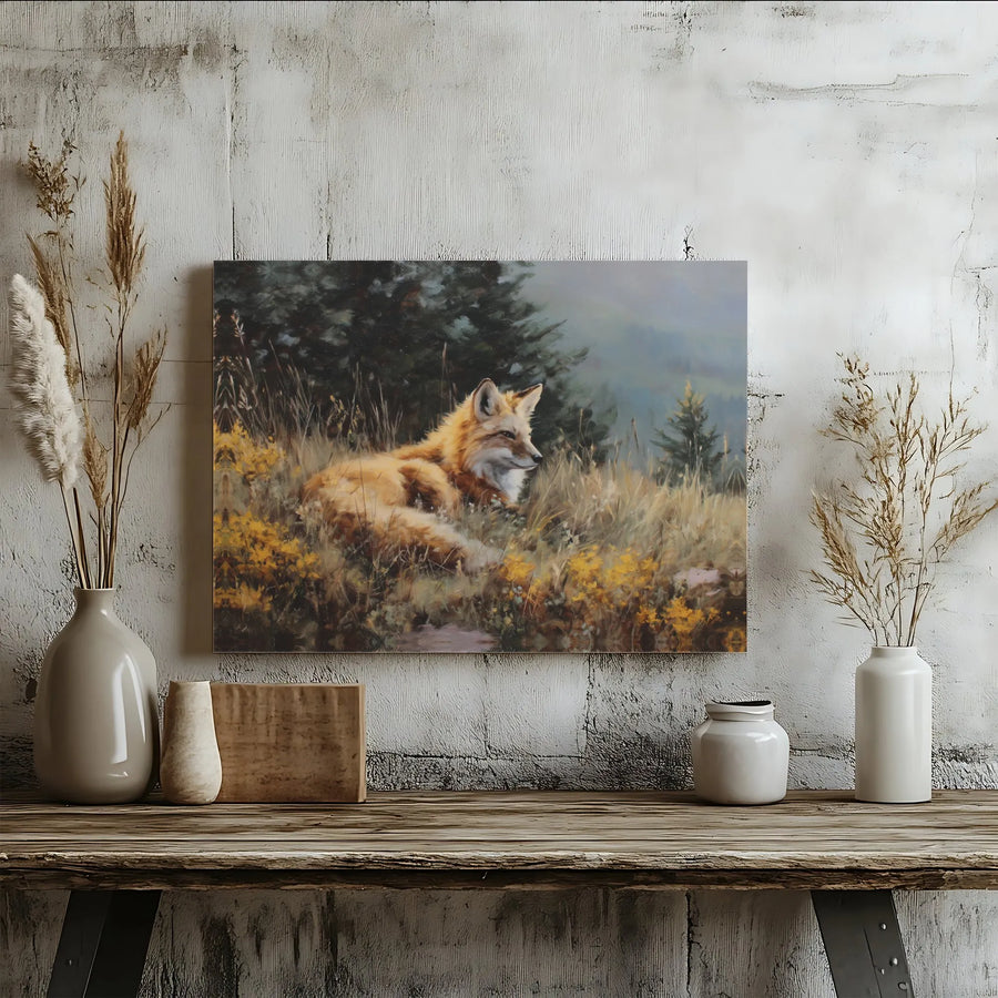 Fox Canvas Wall Art | Vintage Woodland Fox Painting Print | Premium Gallery Wrapped Canvas | Rustic Cabin Decor Gift for Nature Lover