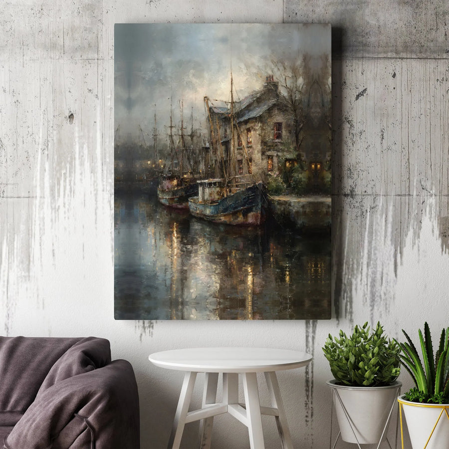 Moody Harbor Canvas Wall Art | Impressionist Fishing Boat Painting | Gallery Quality Canvas Print | Nautical Home Decor Gift