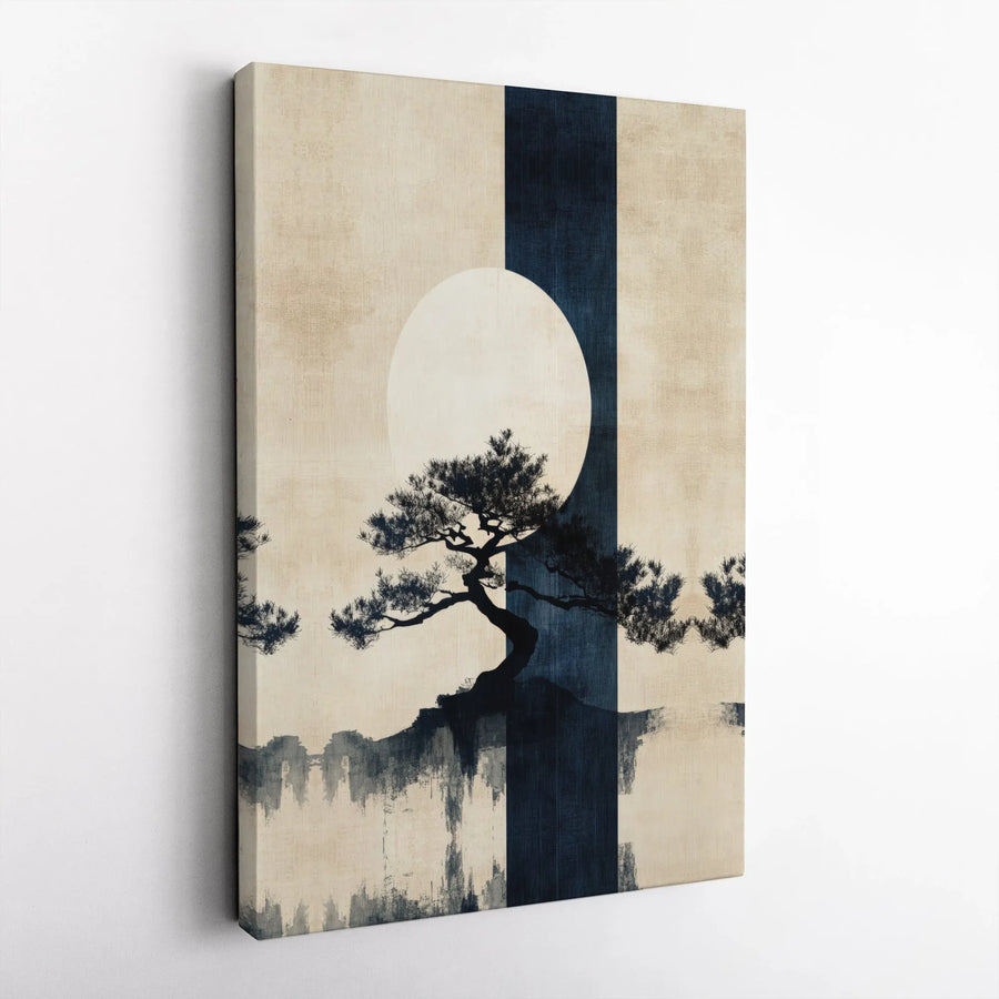 Japanese Bonsai Tree Canvas Print | Zen Abstract Sun Wall Art | Premium Gallery Wrapped Decor | Modern Minimalist Home Office Gift