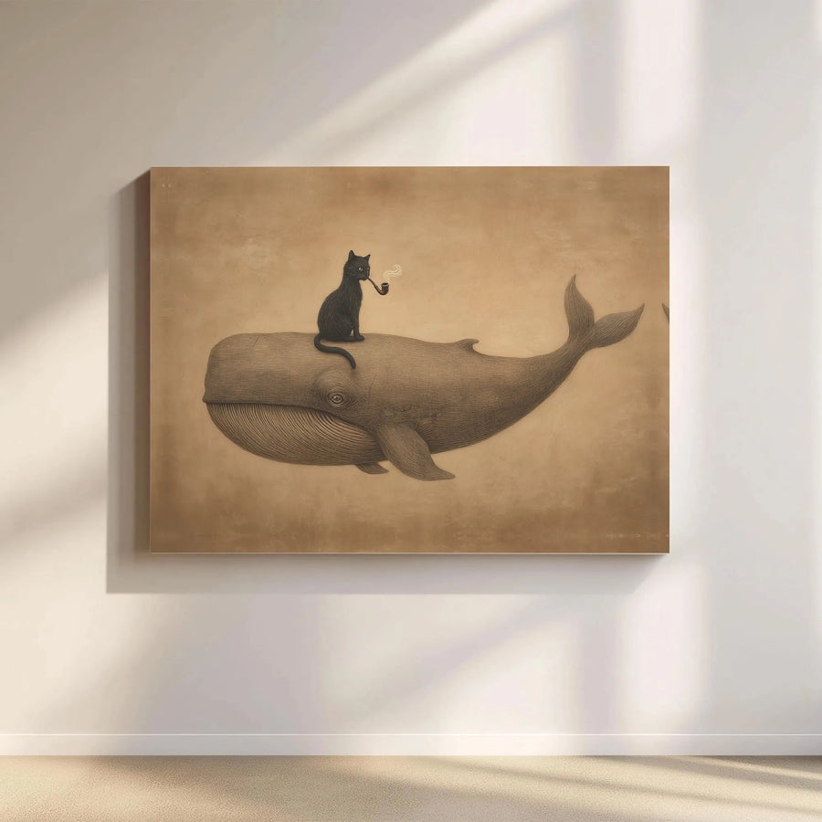 Surreal Cat Riding Whale Canvas Art | Black Cat Smoking Pipe Illustration | Premium Gallery Wrapped Canvas | Unique Gift for Animal Lover & Eclectic Home Decor