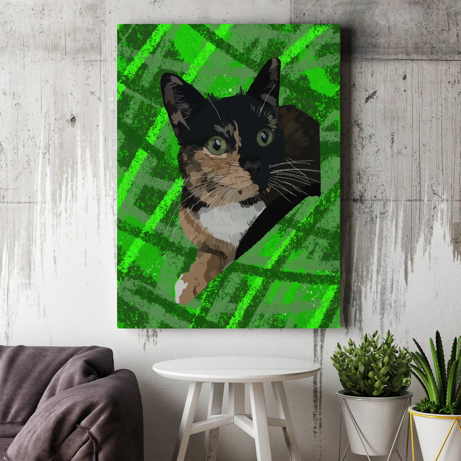 Tortoiseshell Cat Wall Art | Modern Abstract Green Portrait | Premium Gallery Wrapped Canvas | Gift For Cat Lovers And Pet Owners