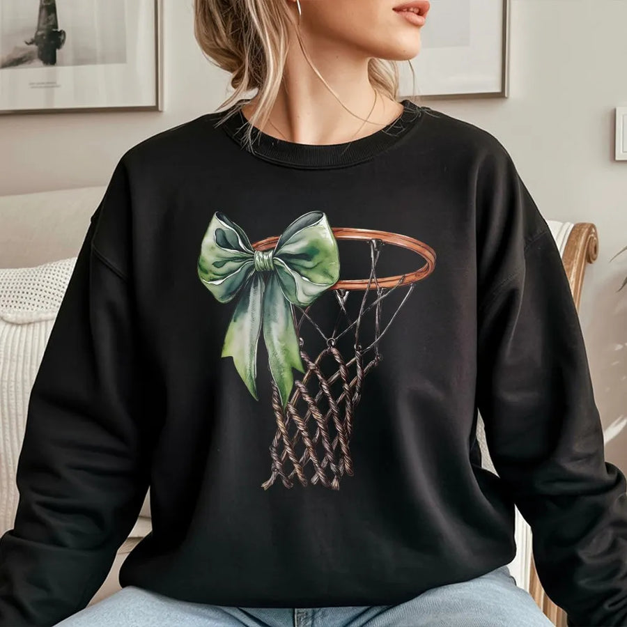 Coquette Basketball Sweatshirt | Green Bow Hoop Aesthetic | Premium Cotton Blend | Gift For Basketball Mom & Player