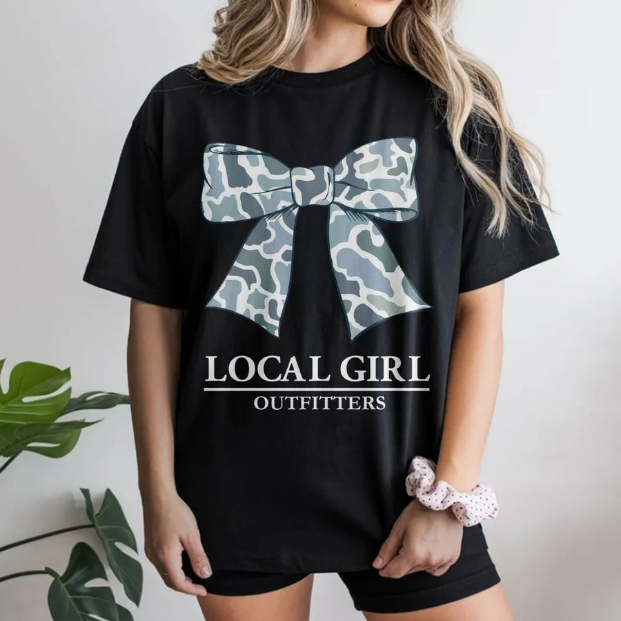 Camo Bow Graphic T-Shirt | Trendy Southern Preppy Aesthetic | Premium Soft Cotton Blend | Cute Gift For Her & Local Outfit Enthusiasts