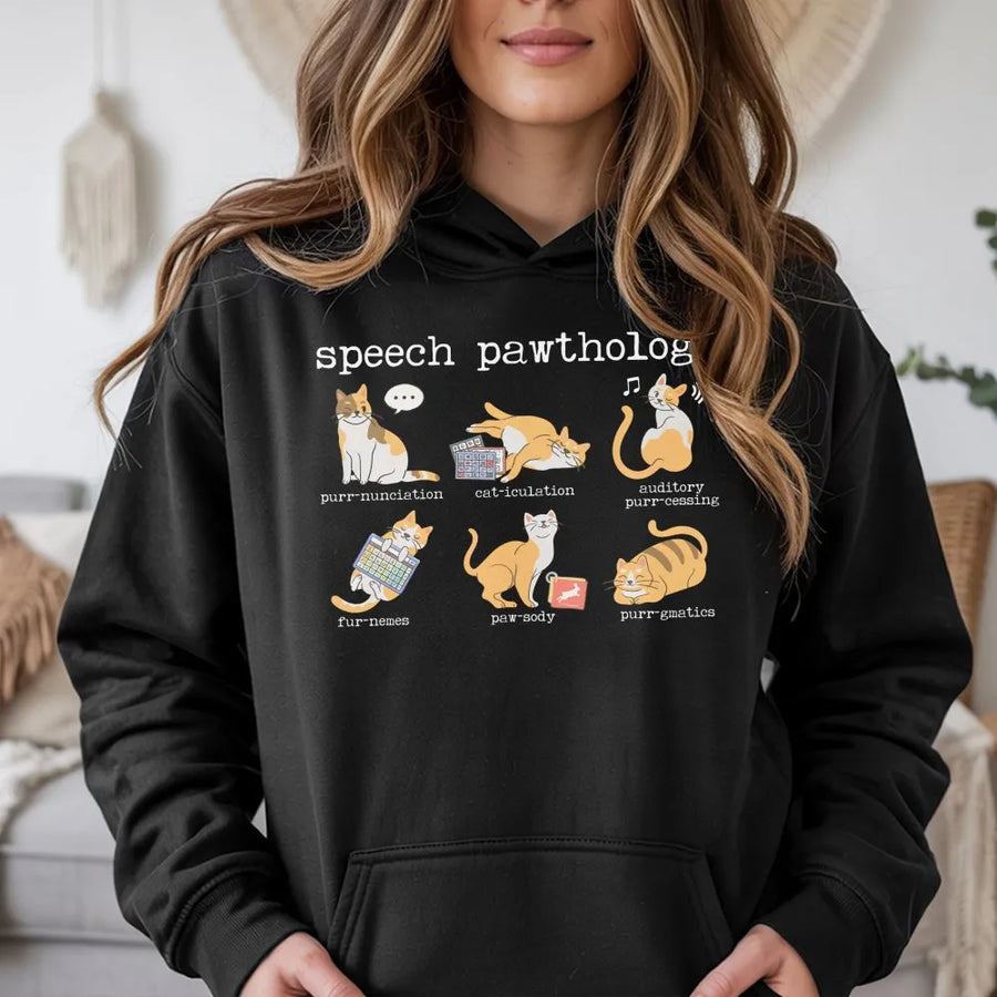 Speech Pathologist Hoodie | Funny Speech Pawthology Cat Pun Design | Premium Cotton-Blend | SLP Graduation Gift for Speech Therapist
