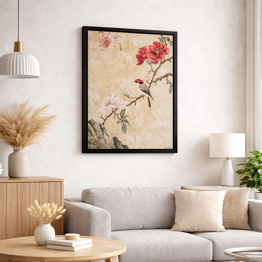 Asian Bird Canvas Wall Art | Red-Capped Bird Flowering Branch | Premium Gallery Wrap Print | Nature Inspired Home Decor Gift