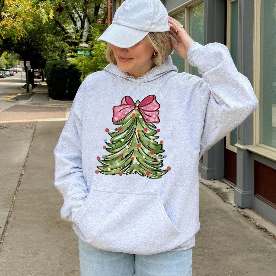 Christmas Tree Hoodie | Watercolor Tree With Pink Bow Design | Premium Cotton Blend | Festive Holiday Apparel For Women And Men
