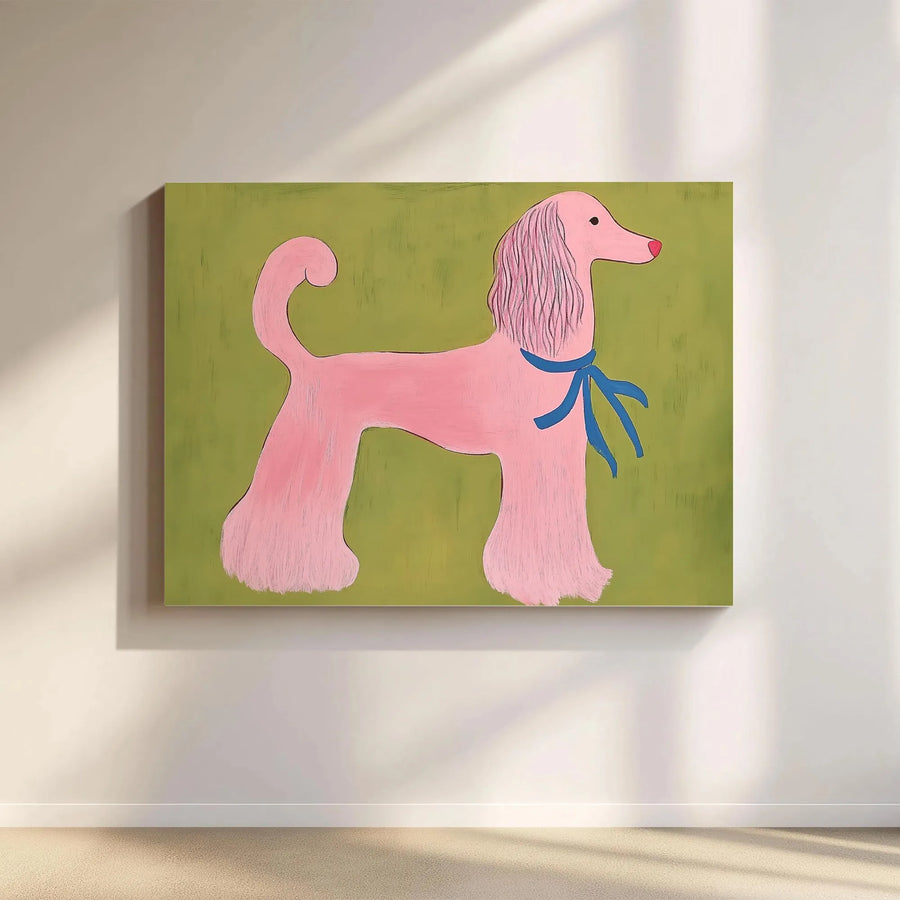 Pink Poodle Wall Art | Whimsical Dog Portrait on Green Background | Gallery Wrapped Premium Canvas | Gift for Dog Lovers and Preppy Home Decor