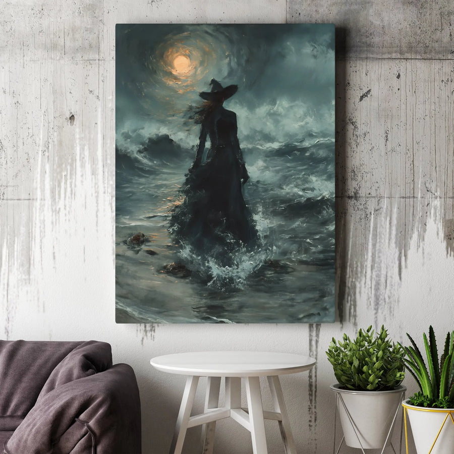 Storm Witch Canvas Wall Art | Dark Ocean Seascape Painting | Premium Gallery Wrapped Canvas | Gothic Home Decor Gift