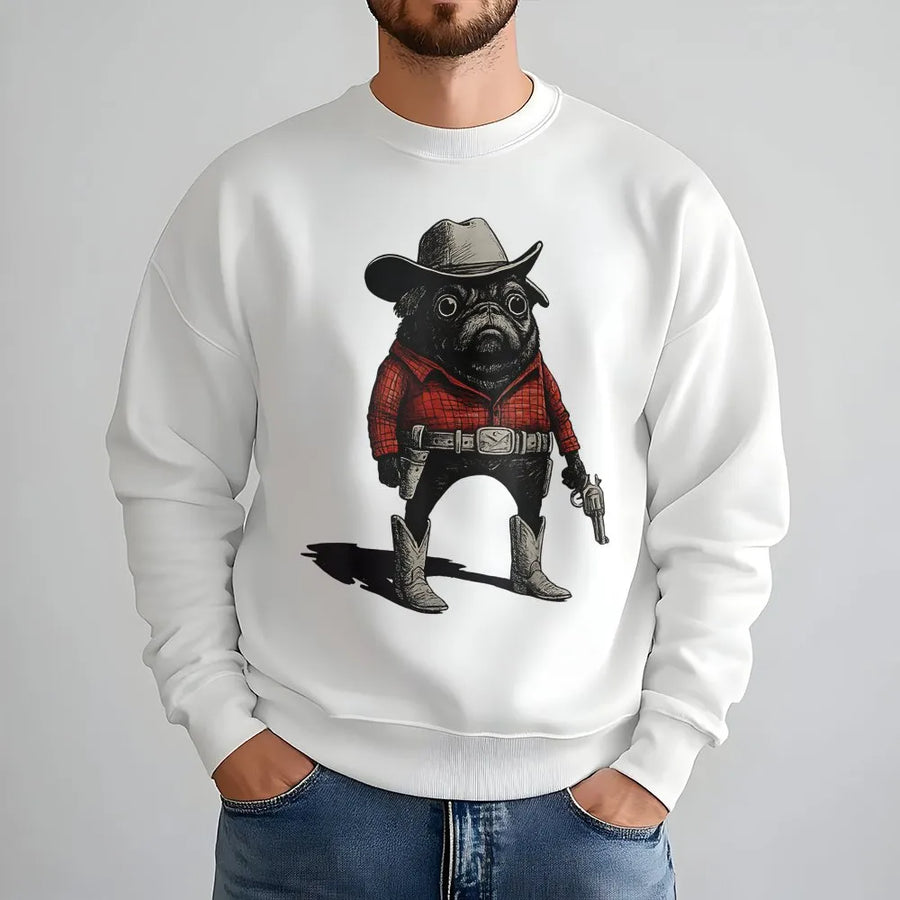 Cowboy Pug Sweatshirt | Funny Western Dog Graphic Tee | Premium Cotton-Blend Pullover | Unique Animal Lover Gift for Men and Women