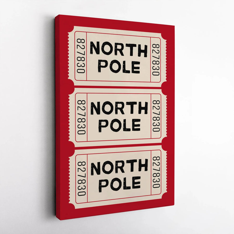 North Pole Ticket Wall Art | Vintage Christmas Admit One Print | Gallery Wrapped Canvas | Festive Holiday Home Decor Gift