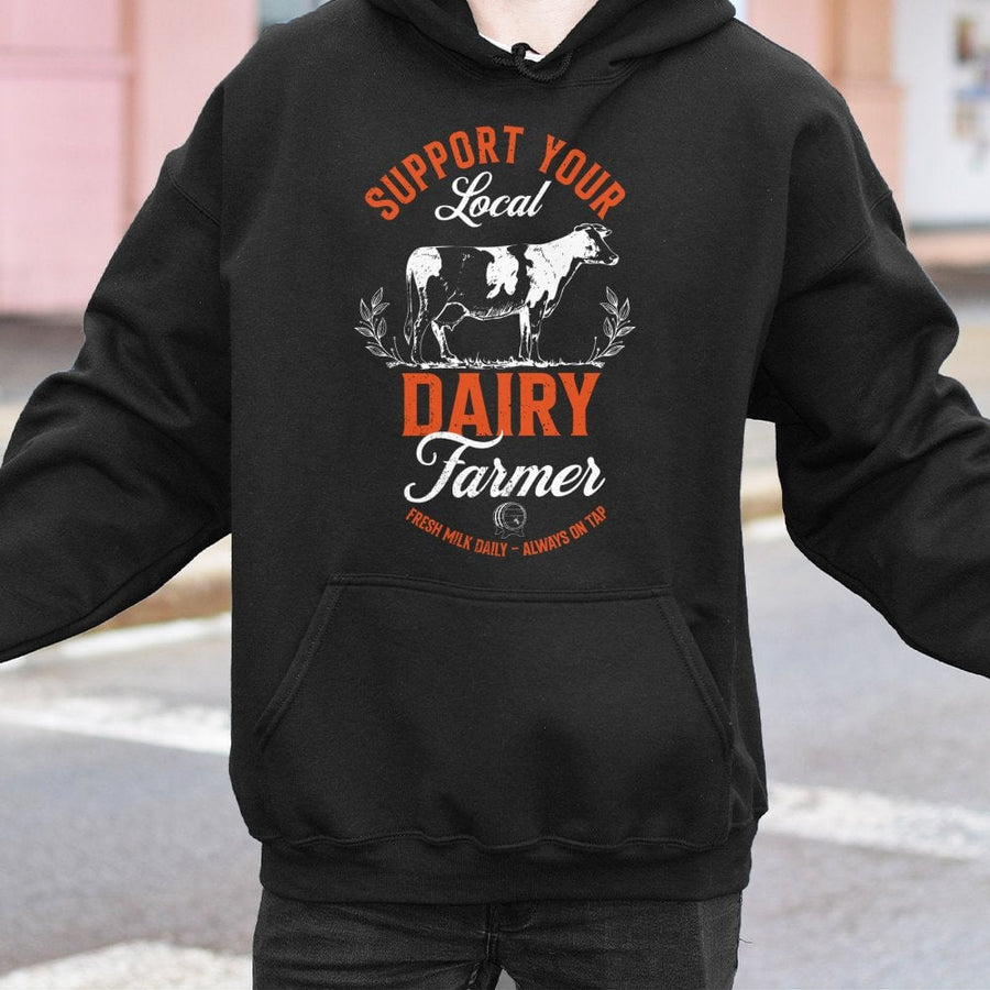 Support Your Local Dairy Farmer Hoodie | Distressed Cow Graphic Design | Premium Cotton Blend | Gift for Farmer and Agriculture Supporters