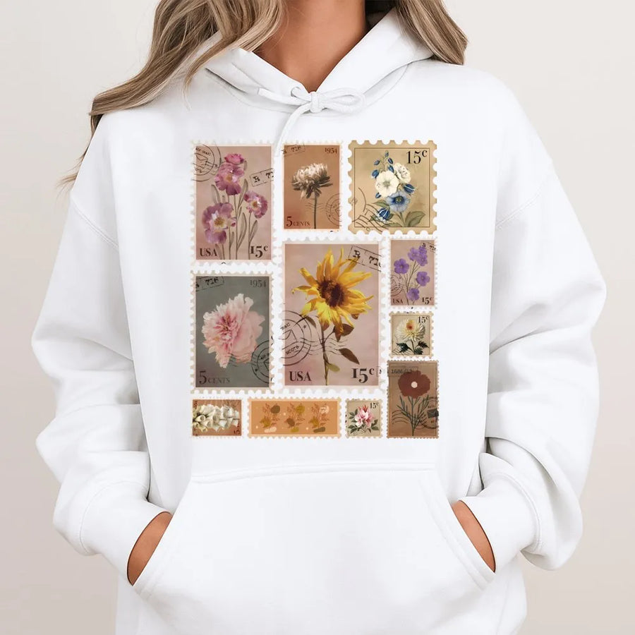 Vintage Flower Stamp Hoodie | Botanical Postage Stamp Graphic | Soft Cotton Blend | Gift for Plant Lover
