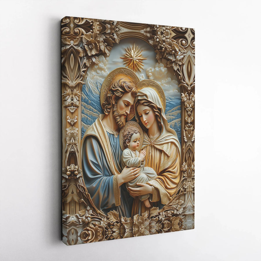 Holy Family Canvas Print | Ornate 3D Style Religious Artwork | Premium Gallery Wrapped Canvas | Catholic Christian Home Decor Gift