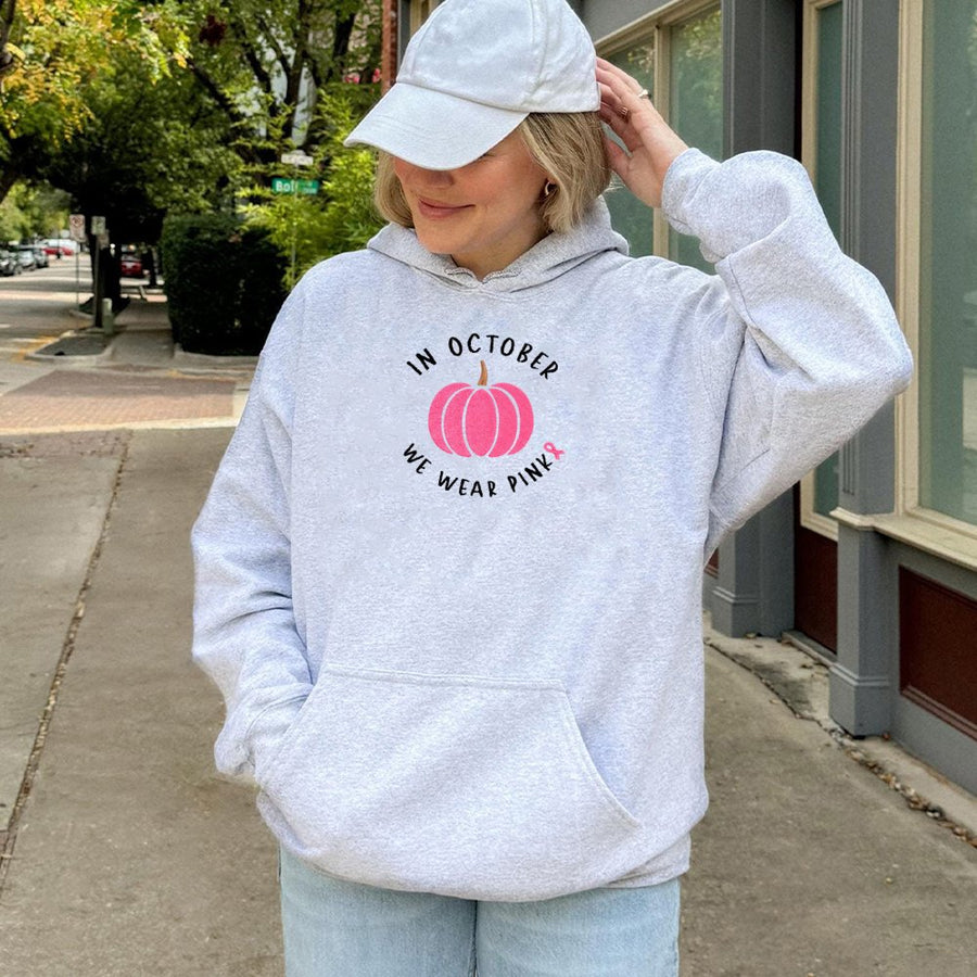 In October We Wear Pink Hoodie | Breast Cancer Awareness Pumpkin Design | Premium Soft Cotton Fleece | Support Survivor Gift For Her