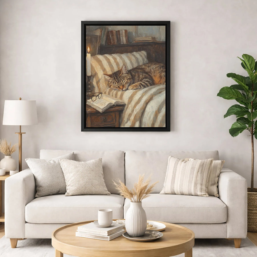 Sleeping Tabby Cat Canvas Print | Cozy Library Reading Nook Art | Gallery-Quality Fade-Resistant Wall Decor | Perfect Gift For Bookworms & Cat Lovers