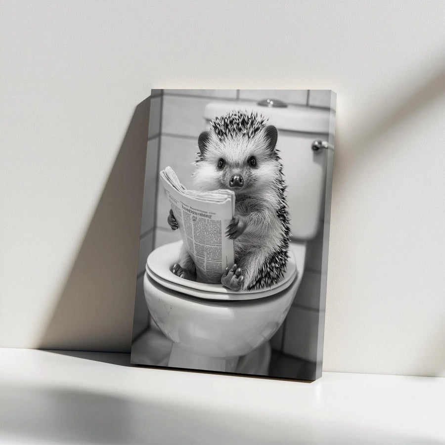 Hedgehog Reading Newspaper On Toilet Canvas Wall Art | Funny Bathroom Decor | Premium Gallery Wrap | Humorous Gift For Animal Lovers