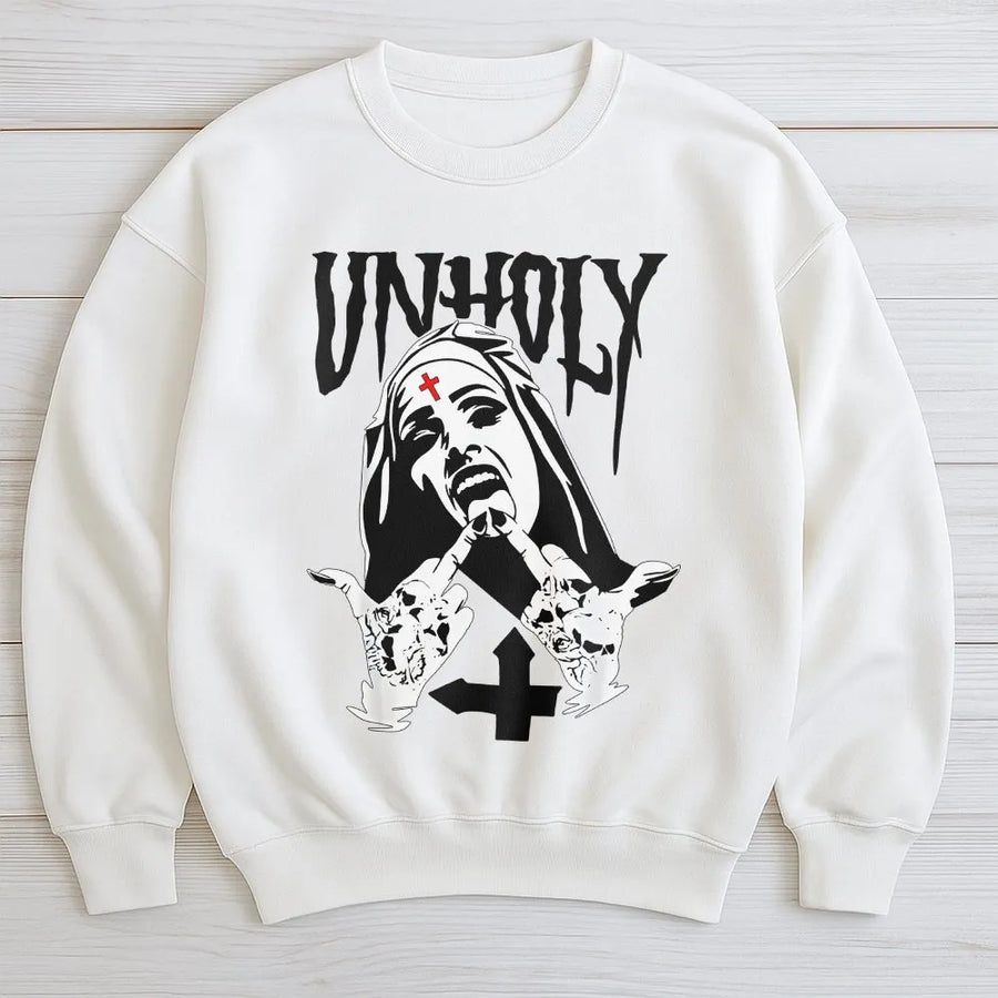 Unholy Nun Graphic Sweatshirt | Edgy Goth Streetwear Artwork | Premium Cotton Blend | Gift for Alternative Fashion Lovers