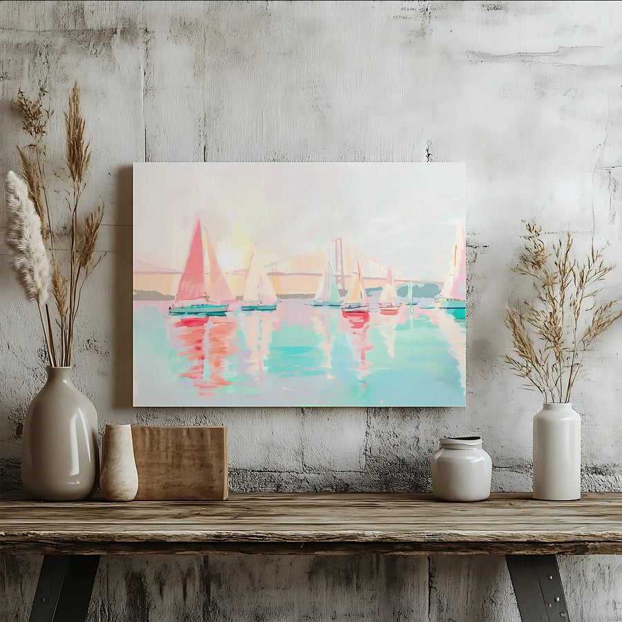 Sailboat Regatta Canvas Wall Art | Pastel Harbor Scene with Bridge | Gallery-Quality Thick Canvas | Premium Coastal Living Room Decor