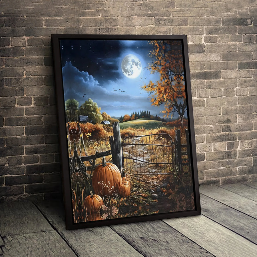 Autumn Farmhouse Canvas Wall Art | Moonlight Pumpkin Patch Scene | Gallery-Wrapped Premium Print | Rustic Fall Home Decor Gift