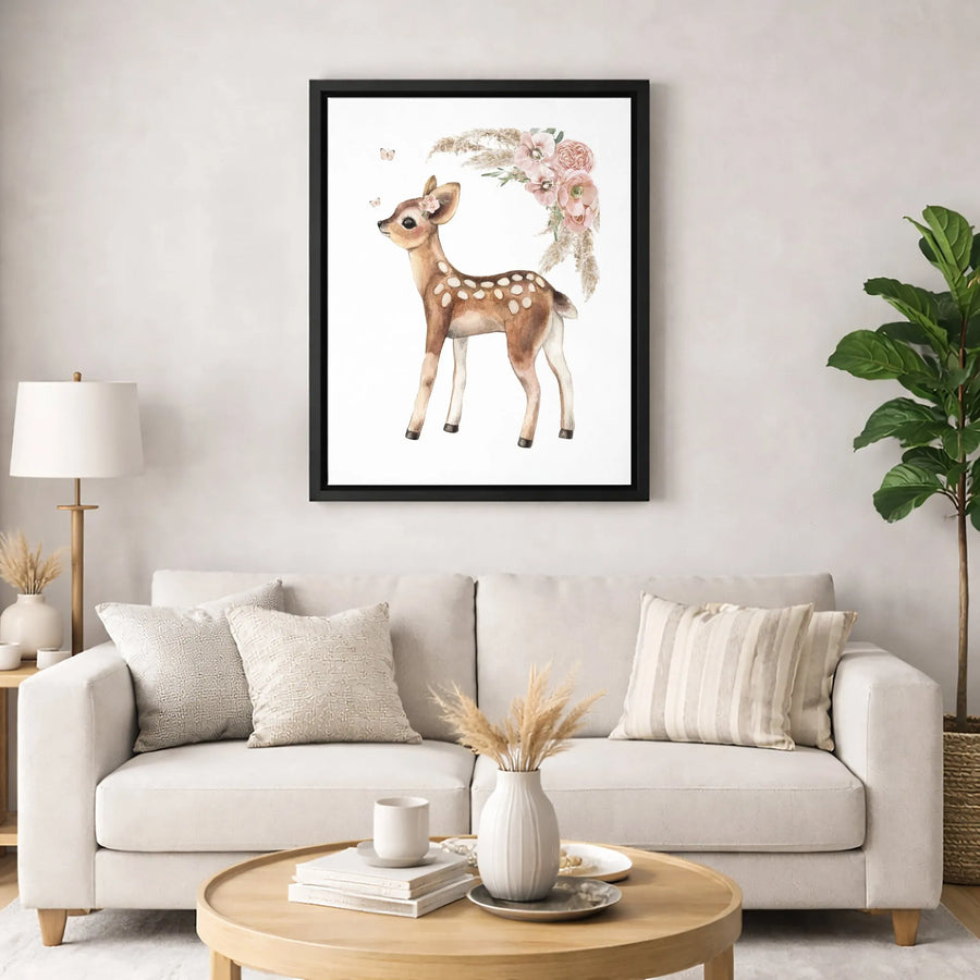 Boho Baby Deer Canvas Print | Watercolor Fawn with Pink Floral Decor | Premium Fade-Resistant Wall Art | Nursery & Kids Room Decor