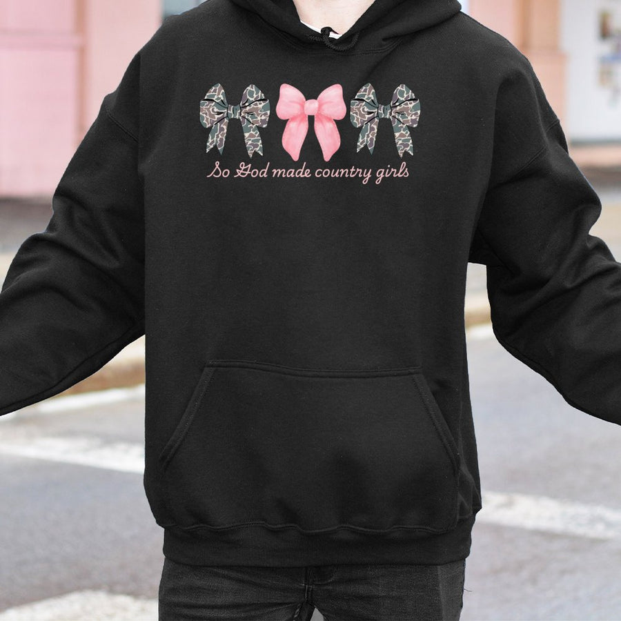 Country Girls Hoodie | Camo Bow Aesthetic Graphic | Premium Cotton Blend | Southern Girl Gift for Women & Teens
