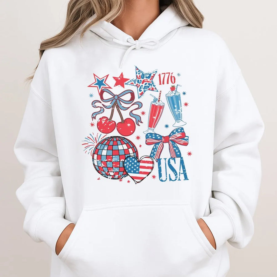 Retro 4th of July Hoodie | Coquette American Bow Graphic | Soft Unisex Crewneck | Independence Day Party Gift for Her
