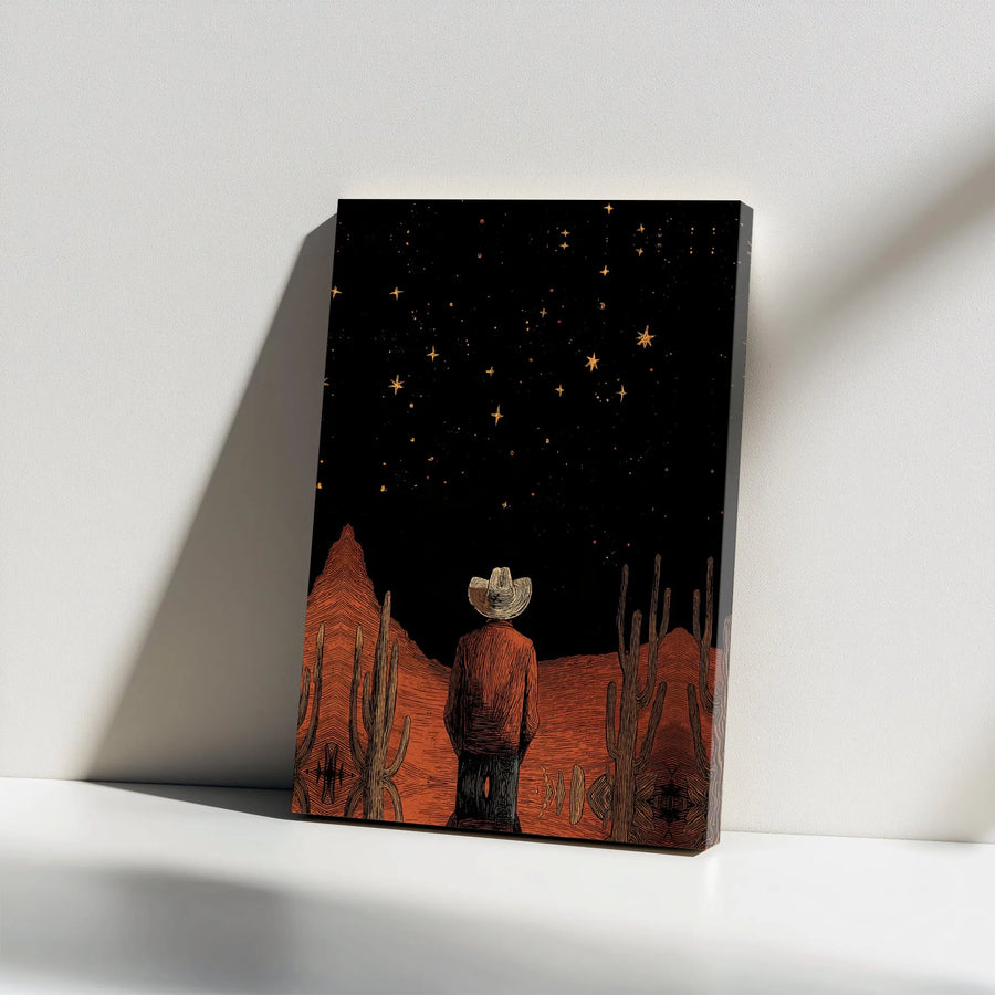 Cowboy Western Canvas Wall Art | Vintage Stargazing Desert Night Print | Premium Gallery Canvas | Rustic Southwestern Decor Gift for Men