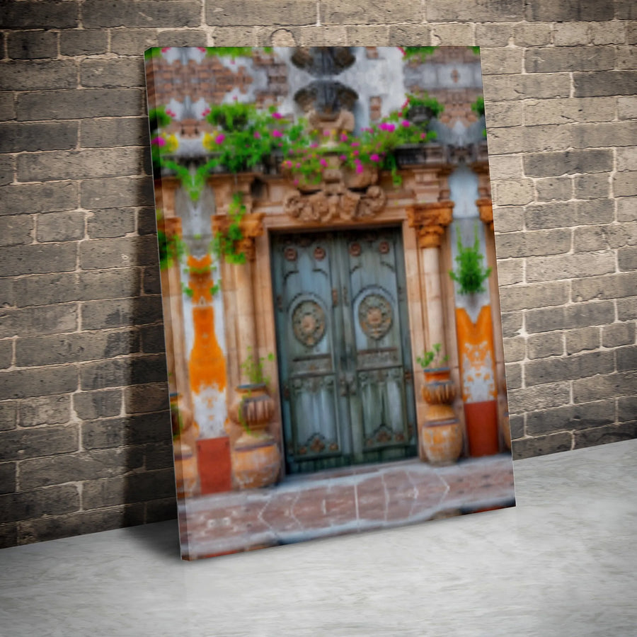 Mediterranean Door Wall Art | Ornate Antique Blue Double Door with Flowers | Gallery Wrap Canvas | Rustic Home Decor Gift