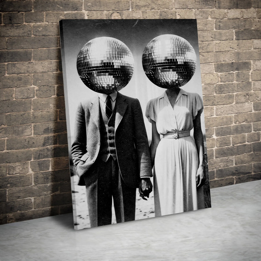 Surreal Disco Ball Head Couple Canvas Print | Vintage Aesthetic Wall Art | Premium Gallery Wrapped Decor | Unique Gift For Music Lovers