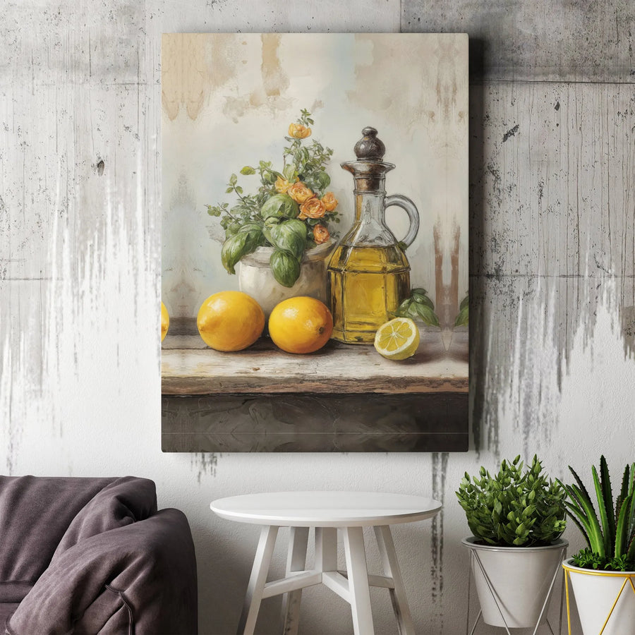 Vintage Lemon & Olive Oil Canvas Print | Rustic Tuscan Still Life Painting | Premium Gallery Wrapped Art | Kitchen & Dining Room Wall Decor Gift